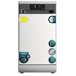 Bolero Aguazero 4350 Inox Máquina de lavar loiça inox de 45 cm, 9 serviços, motor Inverter Plus Duo, Painel Touch Control, 4 programas, Autoclean, cuba em aço inoxidável, Delay Start, filtro antibacteriano, tabuleiro superior ajustável e cesto para talheres.