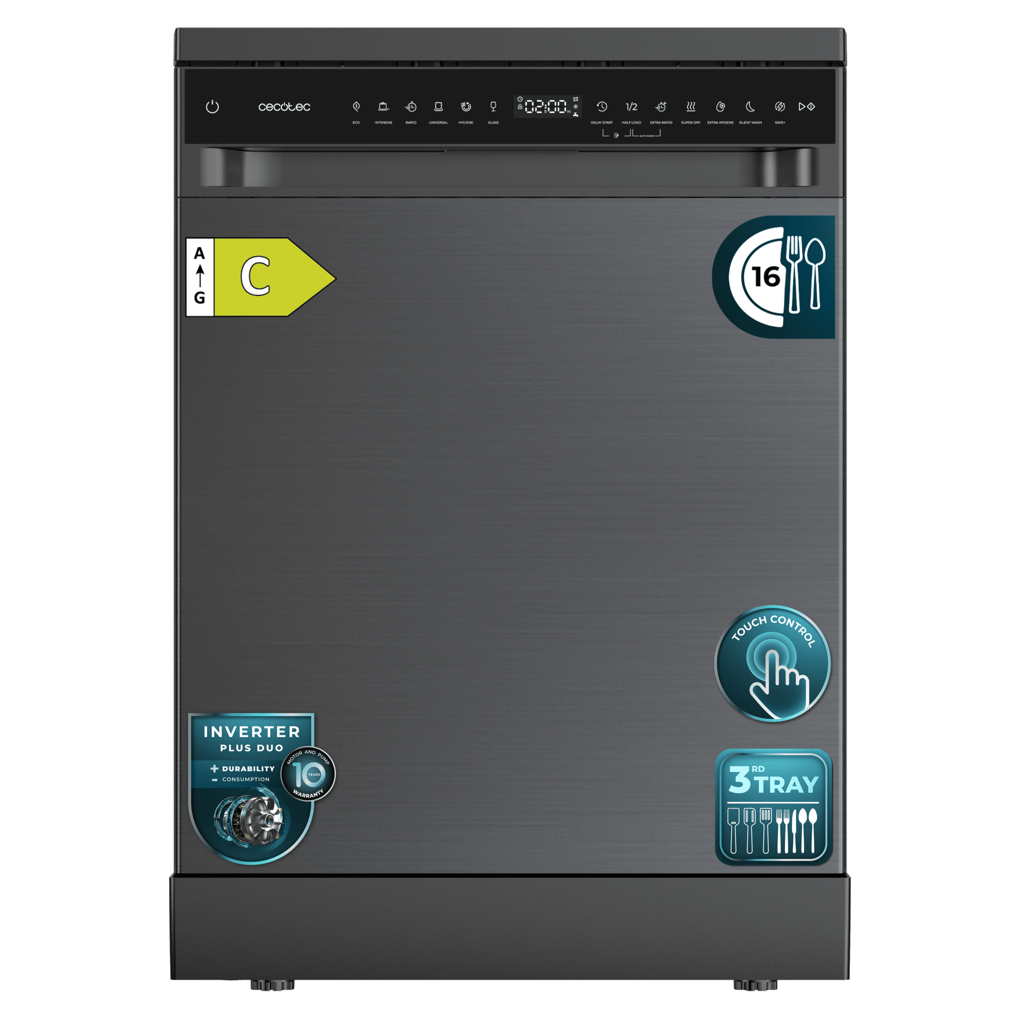 Bolero Aguazero 6550 Dark Lavavajillas de libre instalación de 60CM dark inox con 16 servicios, clase C, Motor Inverter Plus Duo, Control Touch Control Panel, 12 programas, secado autoapertura O2Dry, Super Dry, Extra Hygiene, Filtro ABT, Save+, Half Load, Silent Wash, AutoClean, con bandeja superior ajustable con carga y bandeja para cubiertos.