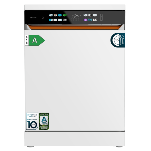 Bolero Aguazero 6900 Lavavajillas blanco de 15 cubiertos, clase energética A, acabados en imitación cuero, pantalla FullColor XXL, motor Inverter Plus, 8 programas, función UV Hygiene, secados Auto Open y Turbo Dry+, Dual Zone Wash, bandeja ajustable, Half Load, Machine Care, Delay Start, bandeja para cubiertos y ChildLock.