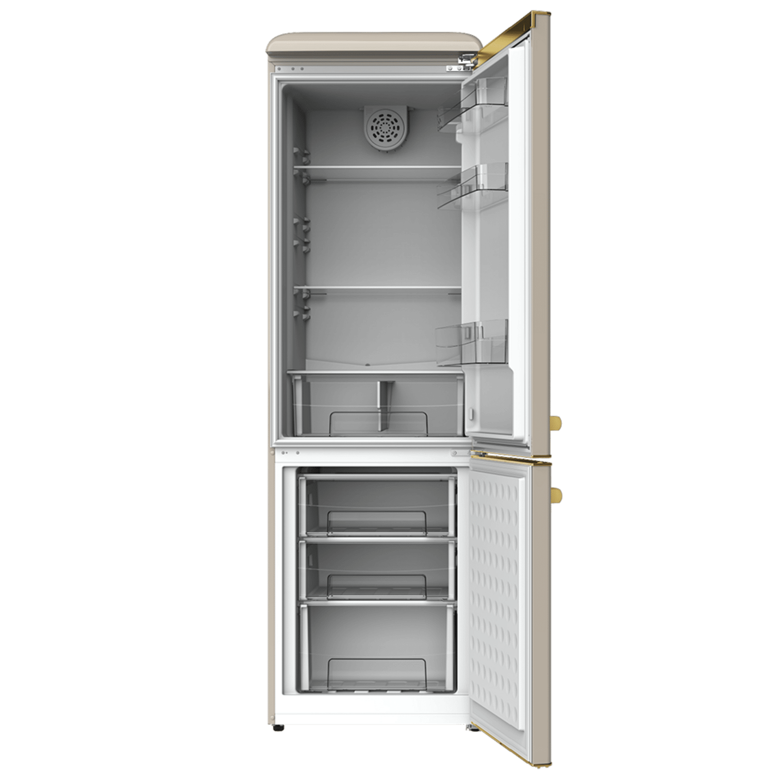 Bolero CoolMarket Combi Origin 300 Beige E Frigorífico retro combi Origin Beige con capacidad de 300L, clase E, iluminación interior, bandejas de cristal y tirador gold. - Imagen 2