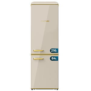 Bolero CoolMarket Combi Origin 300 Beige E Frigorífico retro combi Origin Beige con capacidad de 300L, clase E, iluminación interior, bandejas de cristal y tirador gold.