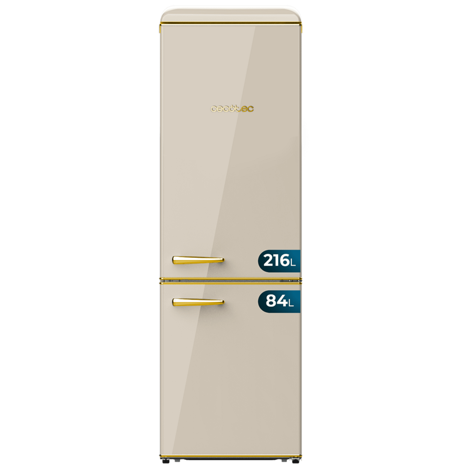 Bolero CoolMarket Combi Origin 300 Beige E Frigorífico retro combi Origin Beige con capacidad de 300L, clase E, iluminación interior, bandejas de cristal y tirador gold.