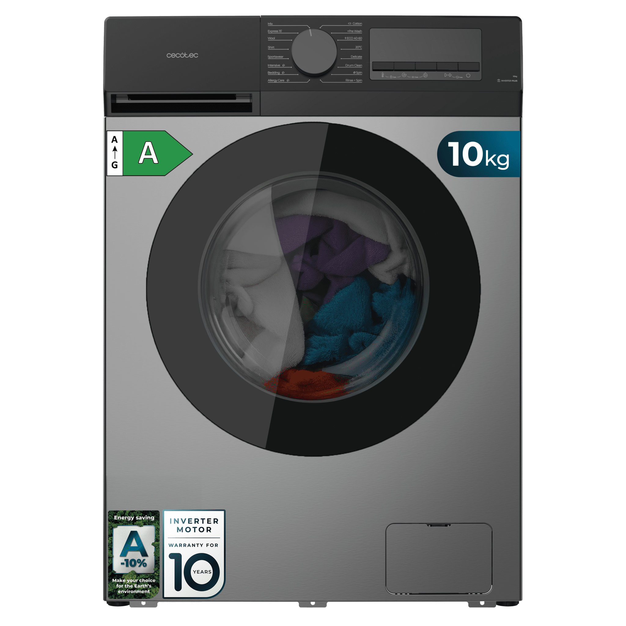 Bolero DressCode 10450 Inverter Steel Lavadora steel de 10 kg de capacidad y 1400 rpm, 16 programas, Clase A-10 %, motor Inverter Plus, elegante panel inox, SteamMax, Drum Clean, Allergy Care, Pearl Drum, Delay Start, Función Silence, Stop&Go y Kid Lock.