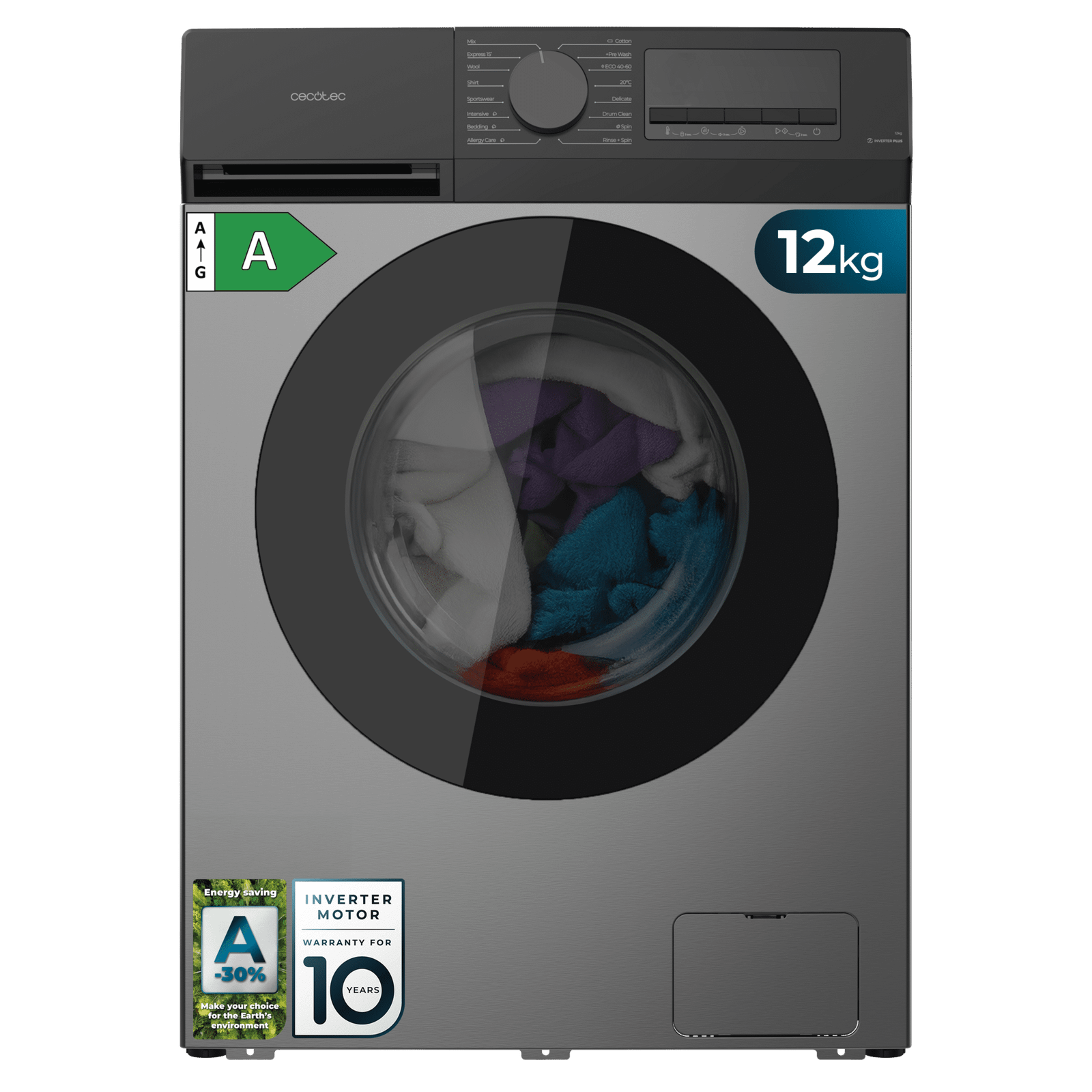 Bolero DressCode 12450 Inverter Steel. Lavadora blanca de 12 kg de capacidad y 1400 rpm, 16 programas, Clase A-20 %, motor Inverter Plus, elegante panel inox, SteamMax, Drum Clean, Allergy Care, Pearl Drum, Delay Start, Función Silence, Stop&Go y Kid Lock.