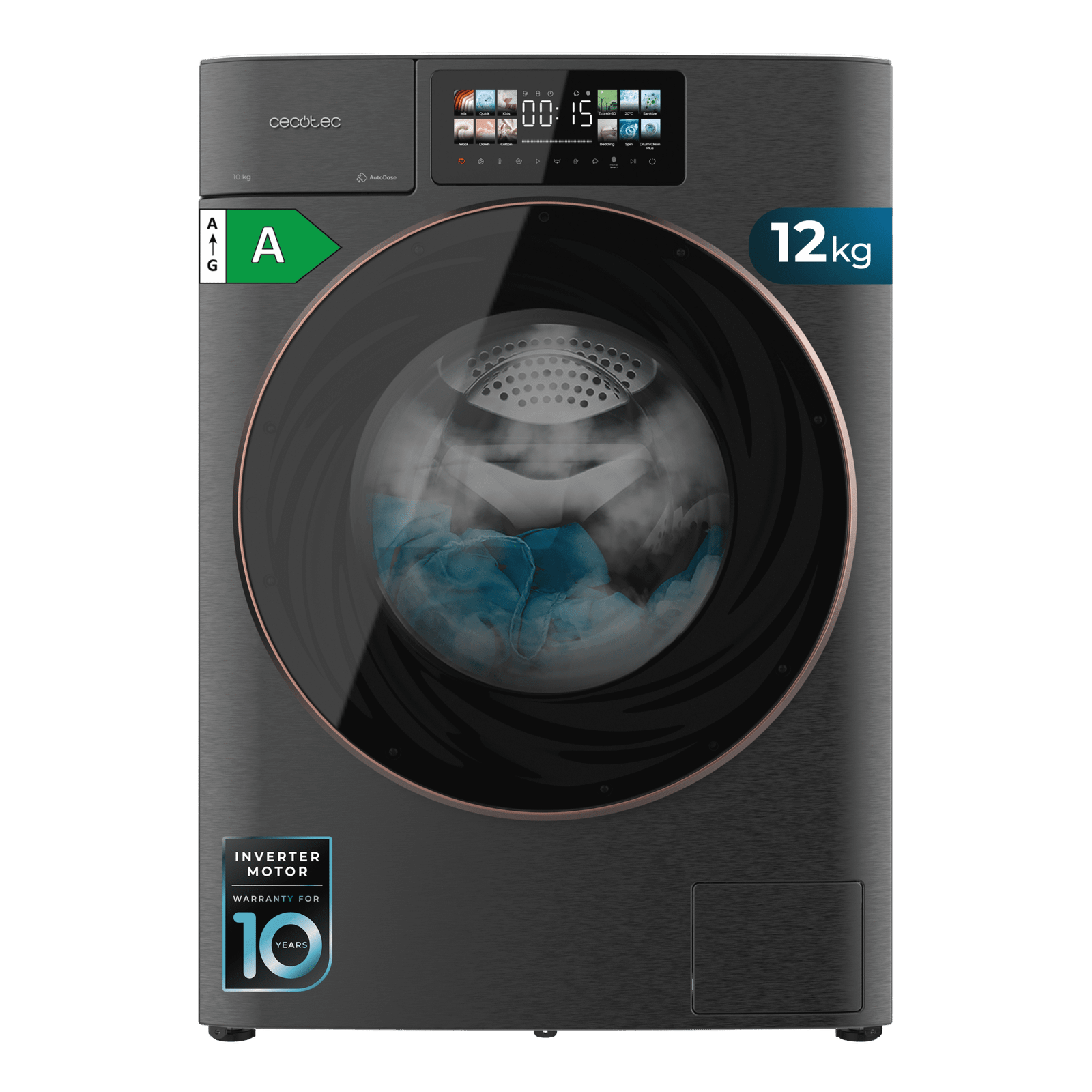 Bolero DressCode 12950 Autodose Direct Drive 3D Steel Lavadora Autodosis de carga frontal steel de 12 kg de capacidad, 1400 rpm, clase A, y motor Direct Drive, con diseño Core Matrix Screen 9,2" y Core Body, 13 programas, SteamMax, Sanitize, funciones inteligentes OnSmart y Fuzzy Logic, Smooth Wash, puerta XXL y luz interior.