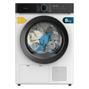 Bolero DressCode Dry 8180. Secadora bomba de calor blanca con capacidad de 8kg, clase E (Equivalente a la antigua clase A++), 15 programas con secado automático y funciones Spa Care, Antiarrugas, 4 niveles de intensidad de secado, luz interior, Delay Start, Stop&Go, KidLock y accesorio para zapatos