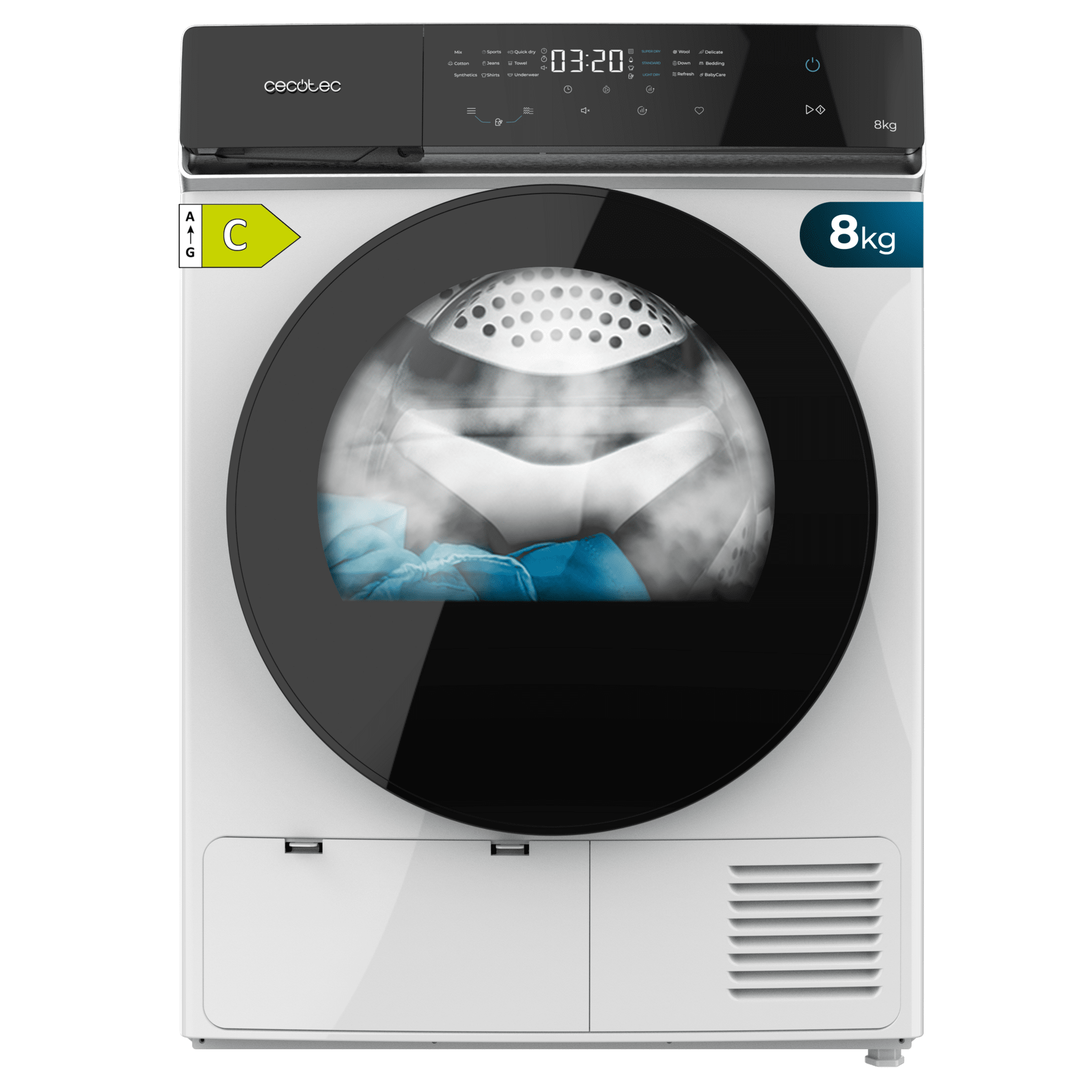 Bolero DressCode Dry 8400 Inverter. Secadora Bomba de calor blanca de 8 kg, Clase C (antigua clase A+++), Motor Inverter Plus, Full Touch control, 15 programas, secado automático, giro bidireccional del tambor, Planchado Fácil, Stop&Go, tambor inox, función Silence, Delay Start y KidLock