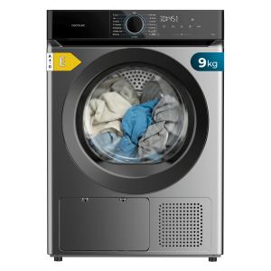 Bolero DressCode Dry 9180 Steel. Secadora bomba de calor steel con capacidad de 9kg, clase E (Equivalente a la antigua clase A++), 15 programas con secado automático y funciones Spa Care, Antiarrugas, 4 niveles de intensidad de secado, luz interior, Delay Start, Stop&Go, KidLock y accesorio para zapatos