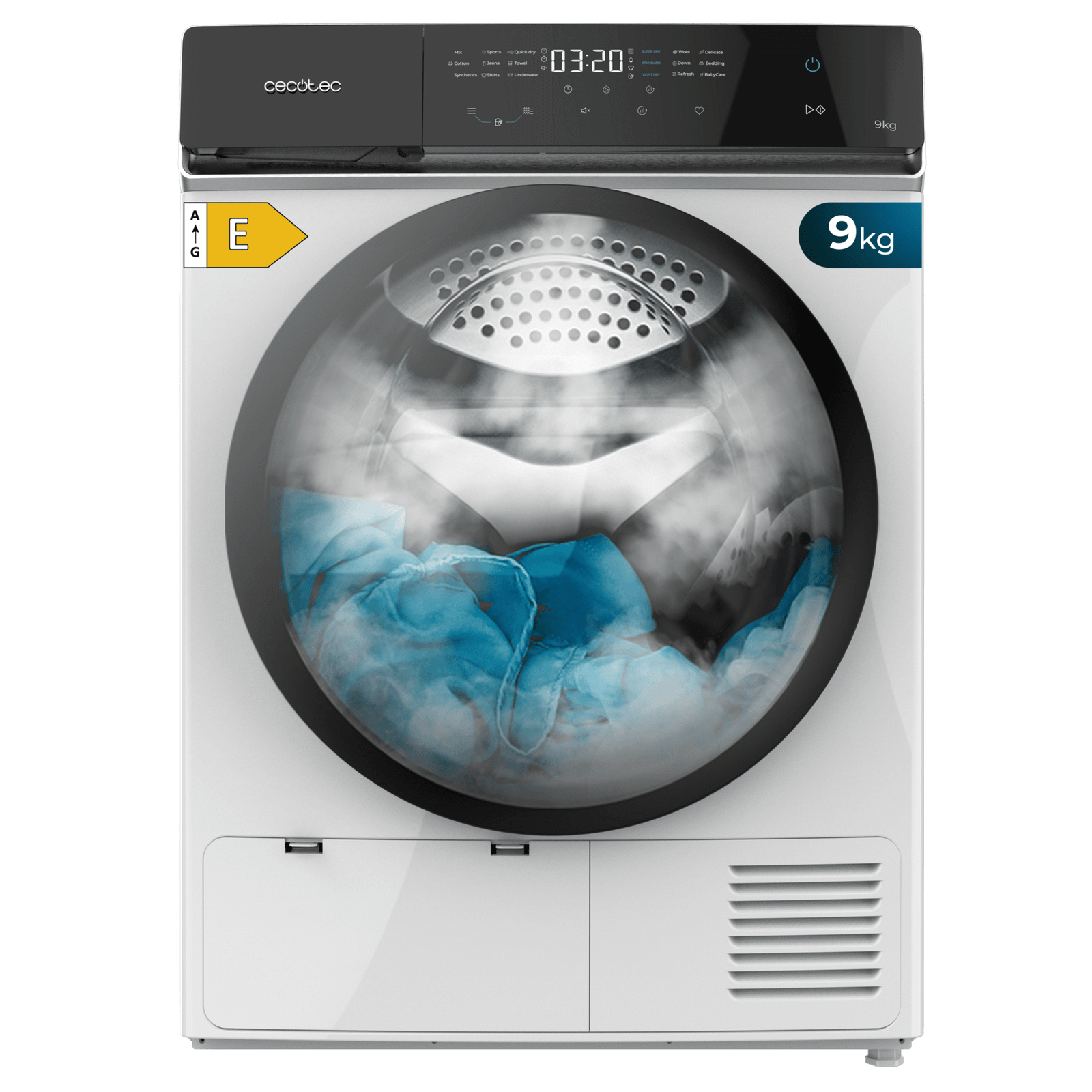 Bolero DressCode Dry 9400. Secadora Bomba de calor blanca de 9 kg, Clase E (antigua clase A++), Full Touch control, 15 programas, secado automático, Planchado Fácil, Stop&Go, tambor inox, función Silence, Delay Start, KidLock
