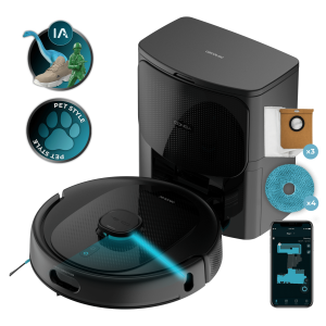 Conga 9990 AI Spin Revolution Ultra Power Home Robot aspirador con navegación láser y base de autovaciado de polvo. Inteligencia artificial, evita objetos. 4 en 1: barre, aspira, friega y pasa las mopas. 10.000 Pa de succión. Máximo 240 minutos de autonomía. Fregado profesional con mopas giratorias. Cepillo de silicona, óptimo para pelo de mascotas. 1 cepillo lateral. 4 niveles de potencia de aspiración y fregado. Control APP Cecotec y asistentes virtuales.