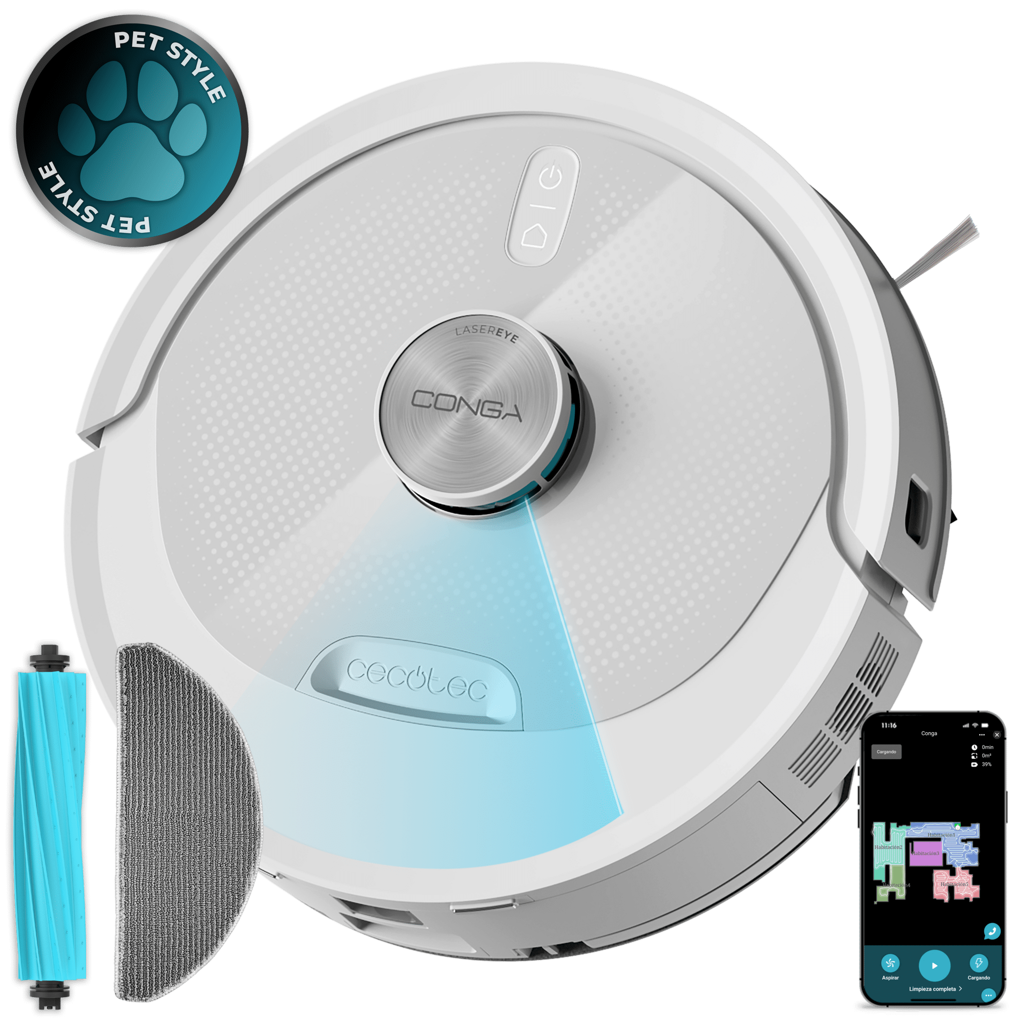 Conga M80 Pearl Robot aspirador con Navegación láser. 25000 Pa de succión del motor. Autonomía de hasta 240 minutos en modo. Cepillo silicona, ideal para casas con mascotas. Compatible con Bluetooth y WiFi para redes 2,4 GHz.