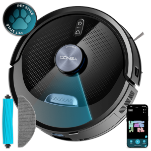 Conga M80 Dark Robot aspirador con Navegación láser. 25000 Pa de succión del motor. Autonomía de hasta 240 minutos en modo. Cepillo silicona, ideal para casas con mascotas. Compatible con Bluetooth y WiFi para redes 2,4 GHz.