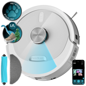 Conga M90 Pearl Robot aspirador con Inteligencia Artificial y navegación láser. 25000 Pa de succión del motor. Autonomía de hasta 240 minutos en modo. Cepillo silicona, ideal para casas con mascotas. Compatible con Bluetooth y WiFi para redes 2,4 GHz.