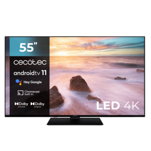 TV Cecotec A2Z Series ALU20055ZS Televisión LED 55” con resolución 4K UHD, sistema operativo Android TV 11, Chromecast, HDR10+, Google Voice Assistant, clase E, con peana central.