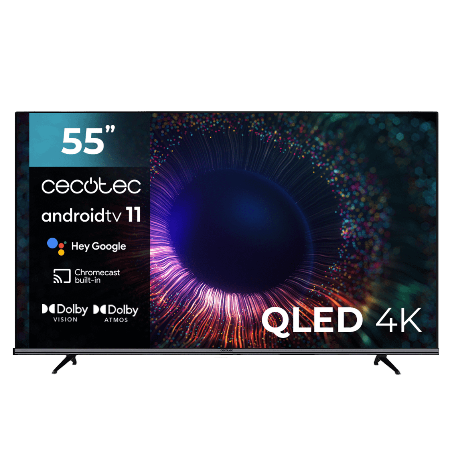 Smart TV de 55" TV Cecotec V1+ series VQU11055+. Televisores QLED, Resolución 4K UHD, Sistema Operativo Android TV, Diseño Frameless, MEMC, Dolby Vision y Atmos, Subwoofer, HDR10