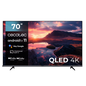 TV V1+ series VQU11070+ M Televisión QLED 70” con resolución 4K UHD, sistema operativo Android TV 11, subwoofers, Chromecast, HDR10+, Google Voice Assistant, clase E.